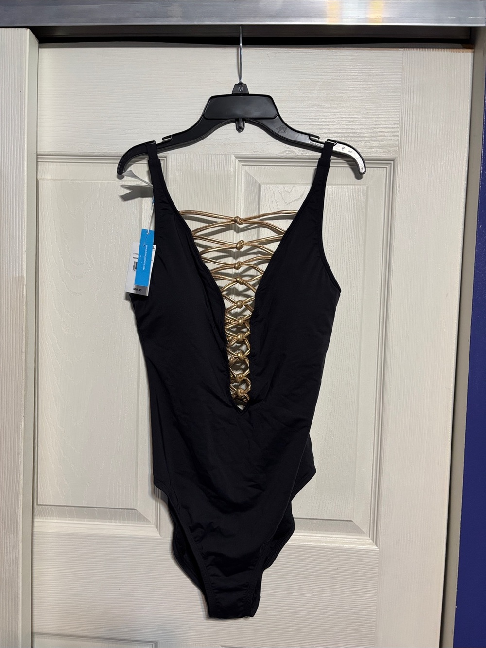 Bleu Rod Beattie Black One-Piece Swimsuit with Gold Lattice Back